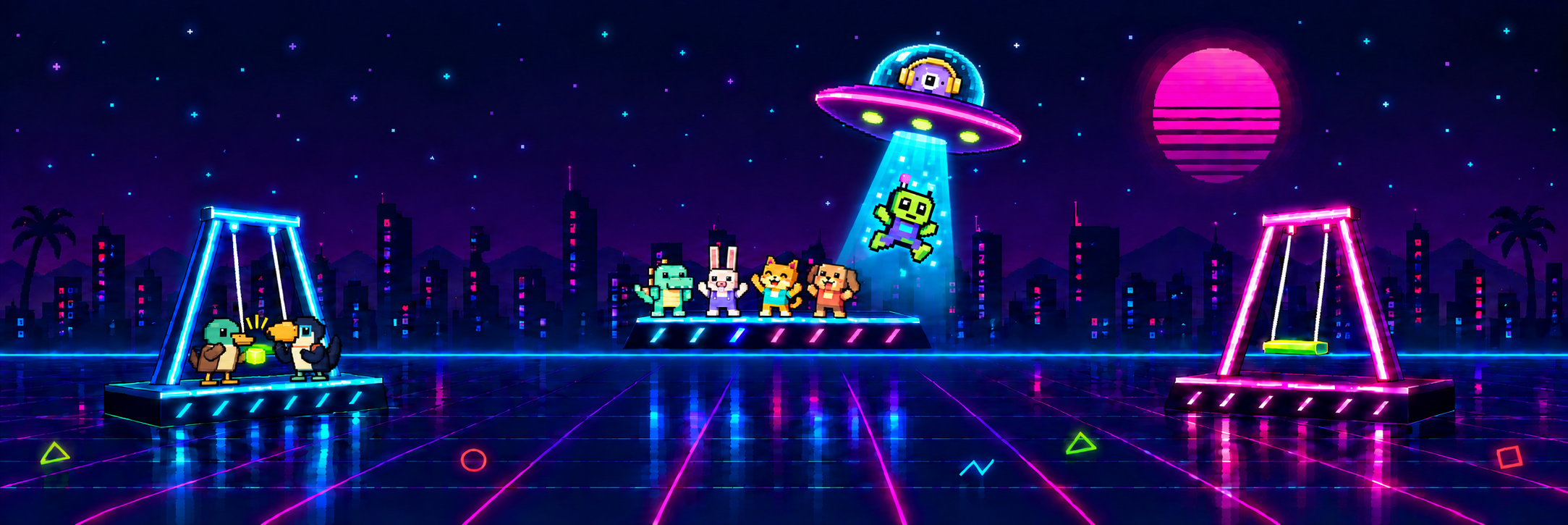 Kuniakunia's five pixel-art friends, two mischievous birds and their rescue UFO in a neon playground